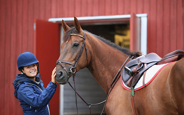 adolescente preparando-se para passeios a cavalo, noruega - white purebred horse riding sports traditional sport - fotografias e filmes do acervo