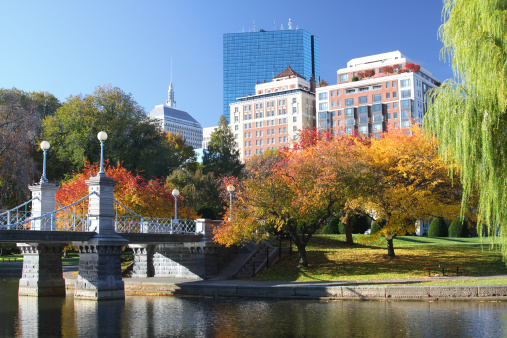 Colorful autumn foliage in the Boston Public Garden during peak fall foliage season. The Public Garden, also known as Boston Public Garden, is a large park located in the heart of Boston, Massachusetts, adjacent to Boston Common and is the first public garden in the United States. 