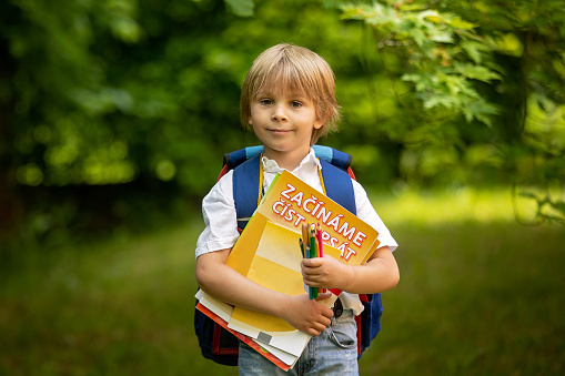 Cute preschool child, wearing school backpack, holding notebook and pencils for school, prepared for first day at school. SIGN ON THE BOOK: STARTING READING AND WRITING