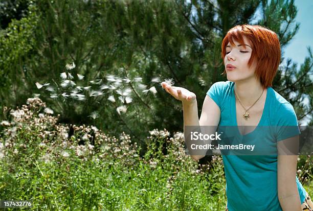 赤毛の女性吹くファジーな花の種な春の空気 - ふわふわのストックフォトや画像を多数ご用意 - ふわふわ, アザミ, カラフル