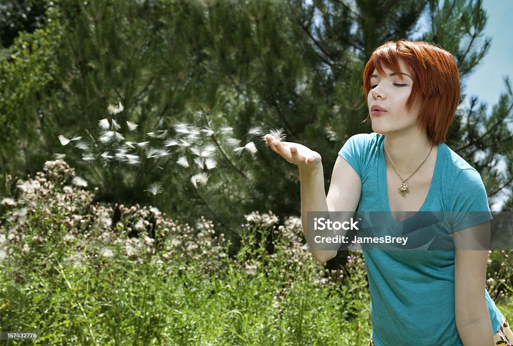 Redhead Dziewczyna wieje Pluszowa Kwiat Nasiona wiosną powietrza, Breeze - Zbiór zdjęć royalty-free (Brązowe włosy)
