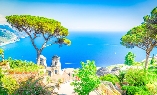 Belltower in Ravello village with sea view, Amalfi coast of Italy, web banner format