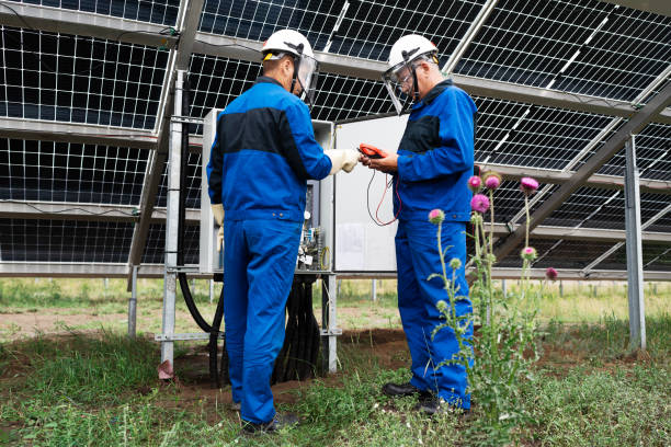 due ingegneri di servizio o elettricisti che lavorano per controllare il sito del trasformatore e risolvere il problema per il funzionamento della centrale solare a energia verde. tecnico manutenzione celle solari su impianto di energia solare - procession panel foto e immagini stock