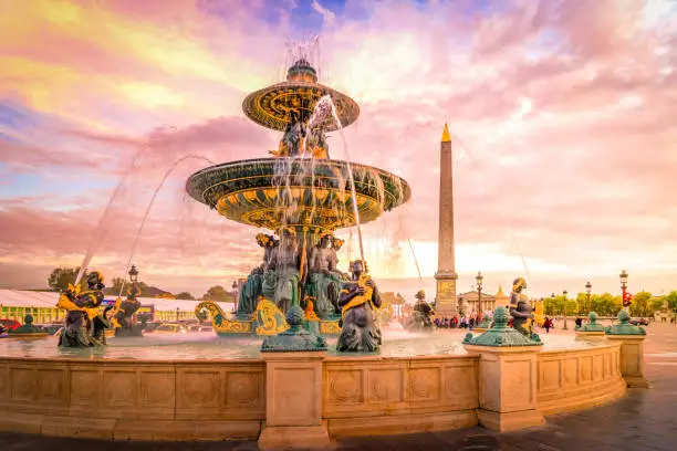 Fountain on Concorde Square and Luxor Obelisk, Paris France