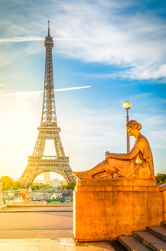 view of Eiffel Tower from Trocadero garden in sunrise light, Paris, France