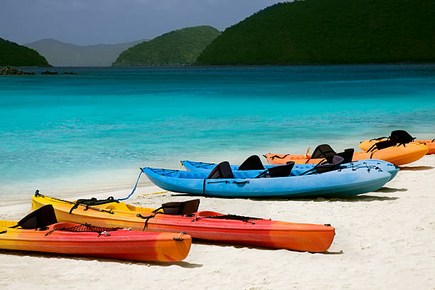 kajaki w cinnamon bay, st.john, wyspy dziewicze stanów zjednoczonych - blue kayak zdjęcia i obrazy z banku zdjęć