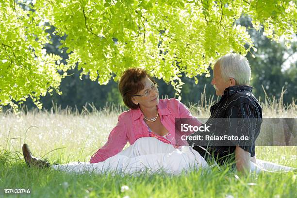 Foto de Loving Sênior Casal Sentado Na Grama Com Dossel De Árvore Xxl e mais fotos de stock de 60 Anos