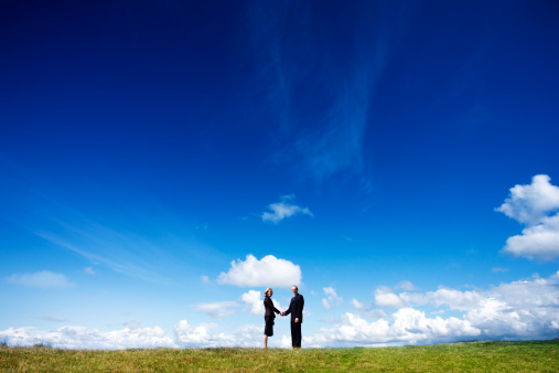 Business man and woman shaking hands in a field