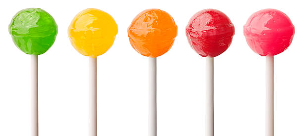 Five Lolipops, Green Yellow Orange Red Pink - Isolated Five delicious lollipops isolated on white. lolipop stock pictures, royalty-free photos & images