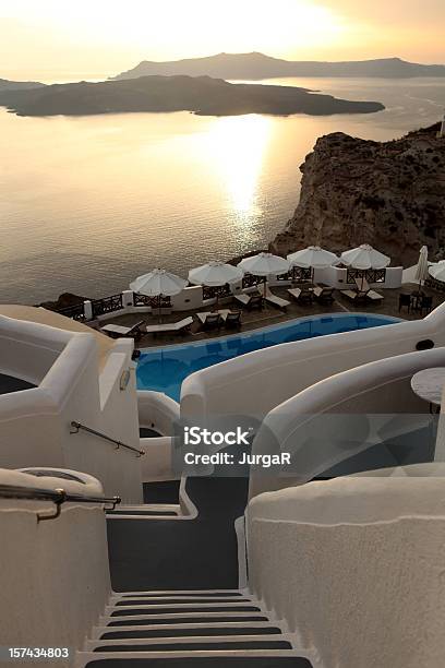 Santorini Sunset Stock Photo - Download Image Now - Balcony, Chair, Color Image