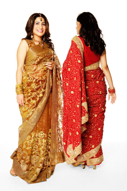 istock Two young Indian women posing, showing sari's front and back 157434997