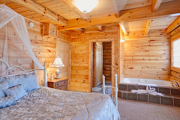 istock Rustic cabin bedroom with hot tub 157435328