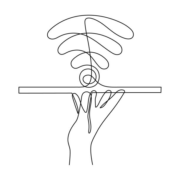 istock Hand with WI-FI signal one line art,hand drawn palms holds internet hotspot,access point continuous contour.Free zone wireless online concept,template outline.Editable stroke. 1574355635