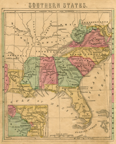 Southern States vintage map dated from 1872.