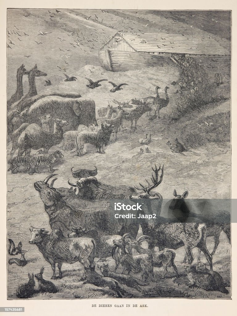 Biblical engraving, animals boarding Noah's Ark (1873) The animals boarding Noah's Ark two by two. Ark Stock Photo