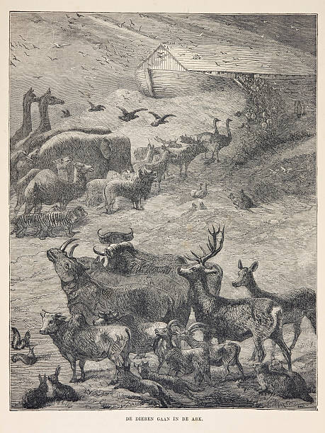 Biblical engraving, animals boarding Noah's Ark (1873) stock photo