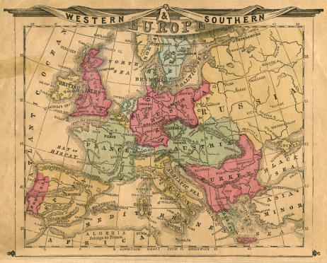 vintage map from 1872 showing western and southern Europe and it's borders at that time.