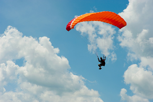 Paraglider in the blue sky. The sportsman flying on a paraglider.