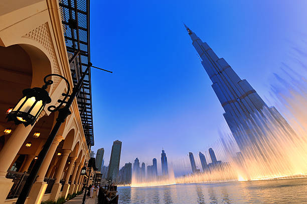 Stylized shot of the musical fountain in Dubai stock photo