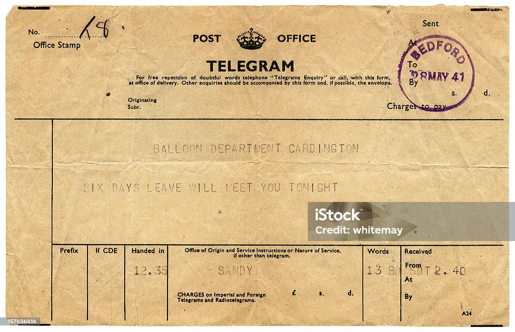 Bonne nouvelle télégramme de Cardington, 1941 - Photo de Télégramme libre de droits