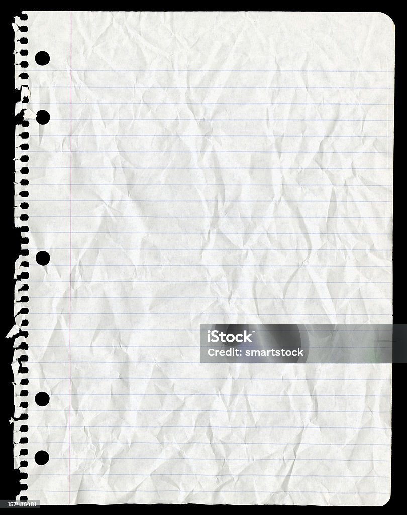 Sheet of Paper Torn From Spiral Notebook and Crumpled High resolution image of a sheet of paper that has been ripped from a spiral binder, crumpled then smoothed flat leaving wrinkles. White paper with horizontal blue lines and a vertical red line on left. Zoom in to see great details. Lined Paper Stock Photo