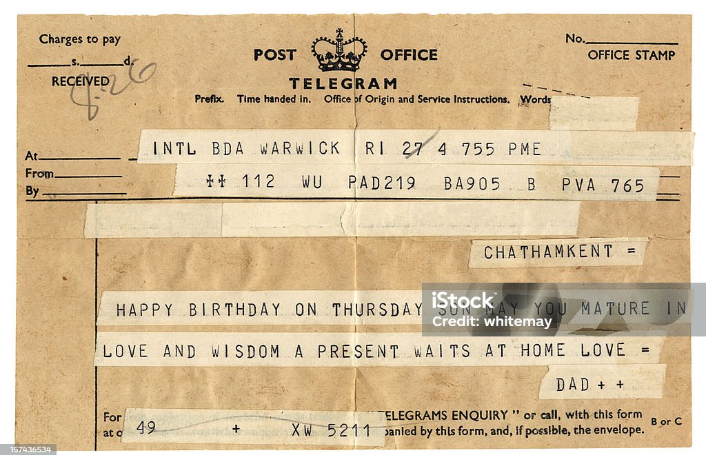 Old British birthday congratulations telegram An old British telegram from a father to his son, saying, "Happy Birthday on Thursday, Son. May you mature in love and wisdom. A present waits at home. Love, Dad." It was probably intended for the son's 21st birthday. All personal details removed. Telegram - Telegraph Message Stock Photo
