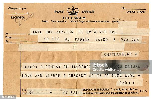 Old British Birthday Congratulations Telegram Stock Photo - Download Image Now - Telegram - Telegraph Message, Old-fashioned, Paper