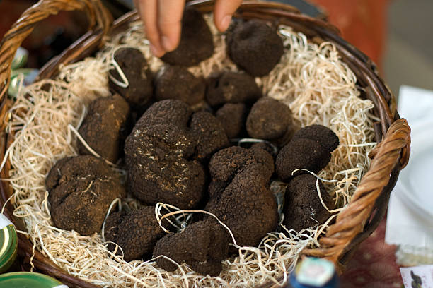 Black truffles on a wooden board