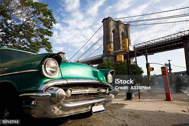 Classic Car With View Of Brooklyn Bridge Stock Photo - Download Image Now - New York City, 1960-1969, New York State