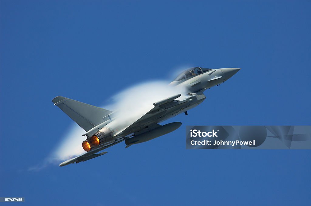 Eurofighter Typhoon Military jet at high speed creating a pressure wave. Fighter Plane Stock Photo