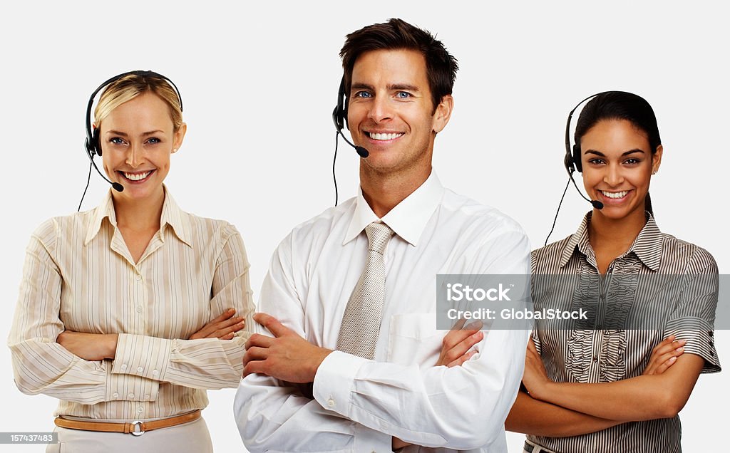 Happy business executives wearing headsets  White Background Stock Photo
