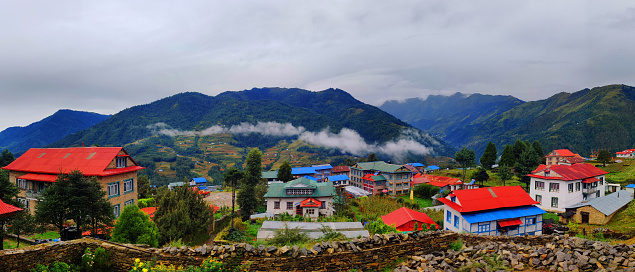 Village view of Solukhumbu Nepal. Koshi Province of eastern Nepal. Village in the mountains. Solukhumbu consists of the subregions Solu and Khumbu. Panorama View.