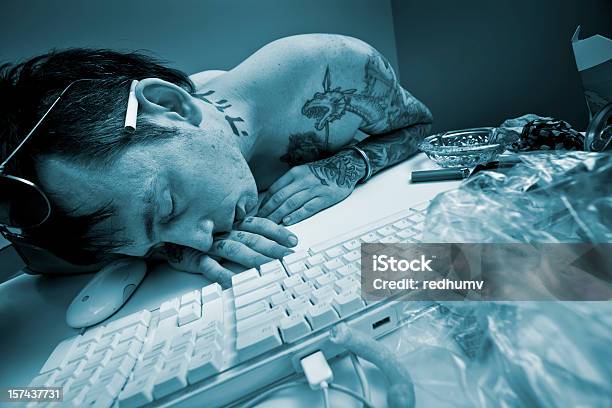 Man Sleeping At The Computer Stock Photo - Download Image Now - Computer, Sleeping, Addict