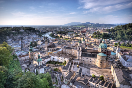 Aerial view of Salzburg Austria with mountains in distance