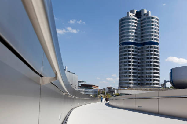 munich, Germany - August 1th, 2019: BMW four-cylinder tower is a Munich landmark which serves as world headquarters for the Bavarian automaker.