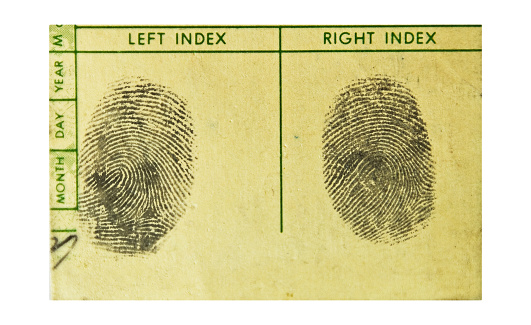 A set of 60 year old fingerprints on yellowed paper... both right and left index prints. Some copy space