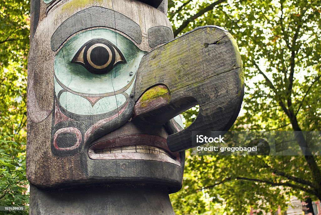 Close up of totem pole in Pioneer Square  Indigenous North American Culture Stock Photo