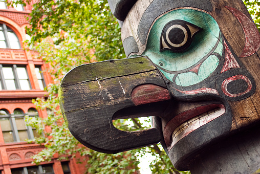 A totem pole located in the Pioneer Square district of Seattle, WA.