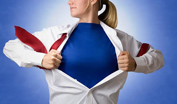 A superheroic woman tears open her shirt to reveal the superhero costume underneath. Up Up and Away! Add your own logo for instant superheroism.