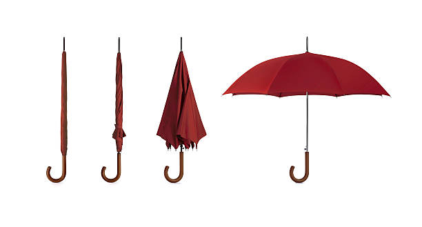 Four pictures of umbrellas in different positions Red Umbrella with Clipping Path from closed to open. umbrella stock pictures, royalty-free photos & images