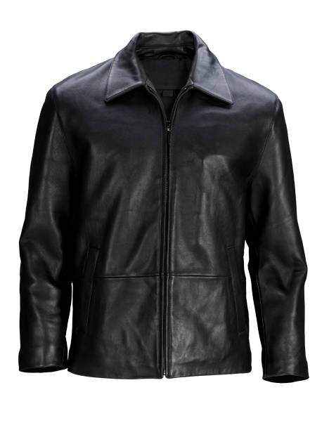 istock Man's blank black leather jacket front-isolated on white w/clipping path 157440389