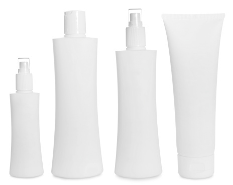 Isolated blank hair care products on white background. Montage. 