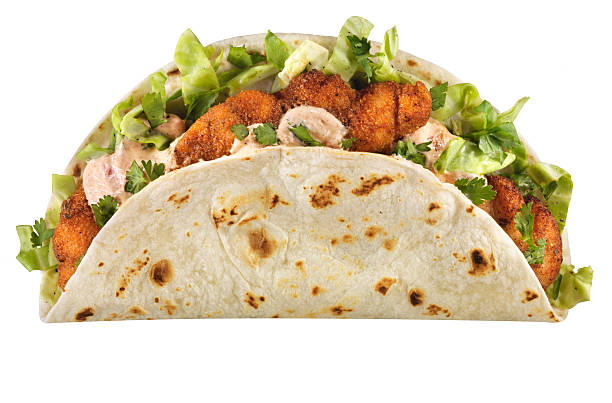 ケイジャンフィッシュタコス、白で分離 - fish tacos ストックフォトと画像