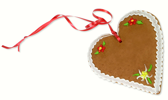 Typical european alpine gingerbread heart. With clipping path and space for copy.