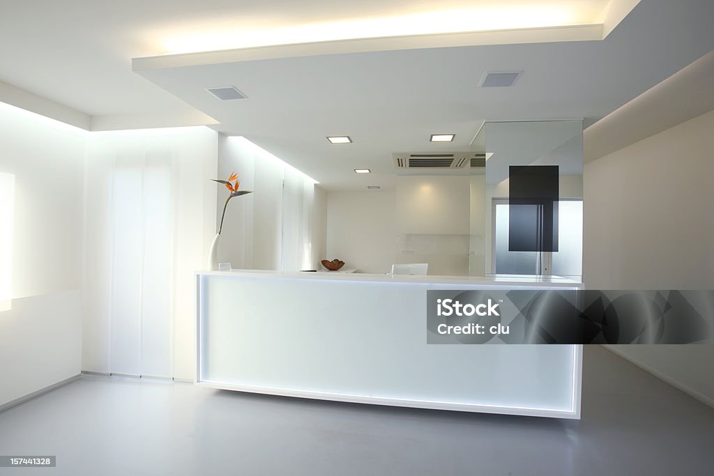 Modern reception desk in grey white color (XXXL) Reception desk horizontal formate Hotel Reception Stock Photo