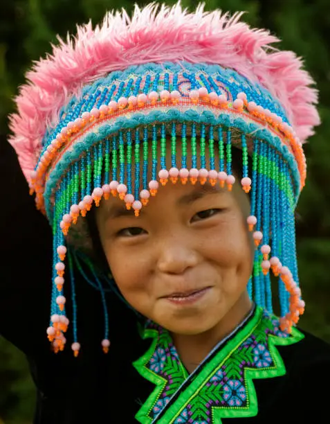 Portrait of a traditionally dressed Hmong hill tribe girl in north Thailand.