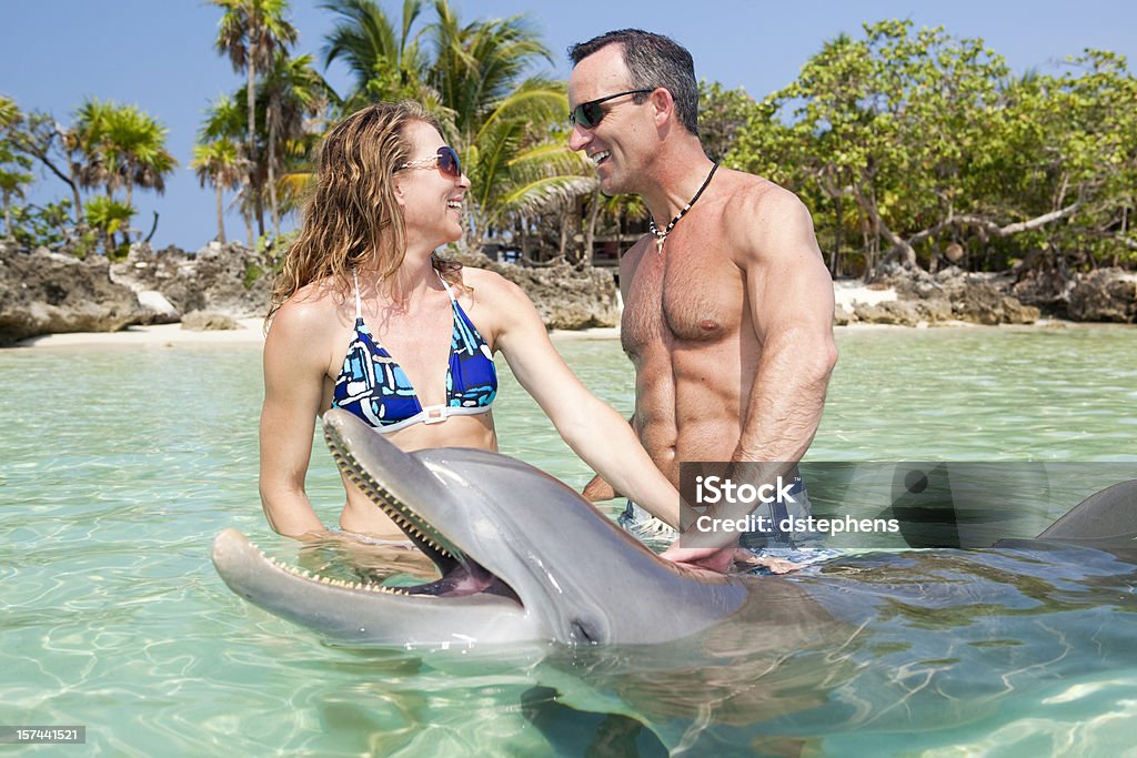Adult couple enjoying time in water with a dolphin Excited adult couple enjoying dolphin encounter. Roatan, Honduras Dolphin Stock Photo