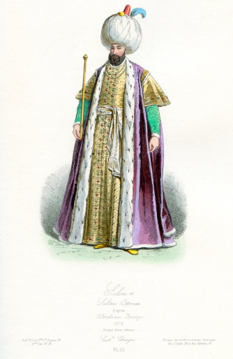 Vintage coloured engraving from 1875 showing the costume of Selim II  was the Sultan of the Ottoman Empire from 1566 to 1574