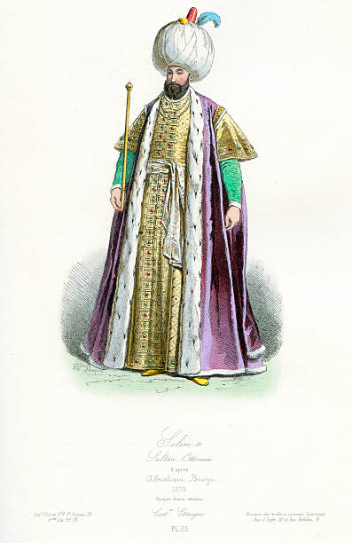 Selim II Sarkhosh Vintage coloured engraving from 1875 showing the costume of Selim II  was the Sultan of the Ottoman Empire from 1566 to 1574 sultan stock illustrations