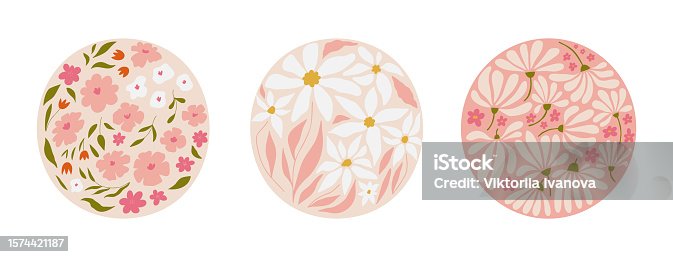 istock Modern floral poster. Print with flowers. Interior abstract painting. Colorful art for covers. Vector illustration. Psychedelic stickers collection with positive floral illustrations. 1574421187